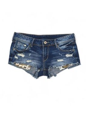Y2K 2010s Distressed Denim Mini Shorts with Peakaboo Gold Leopard Print Pickets